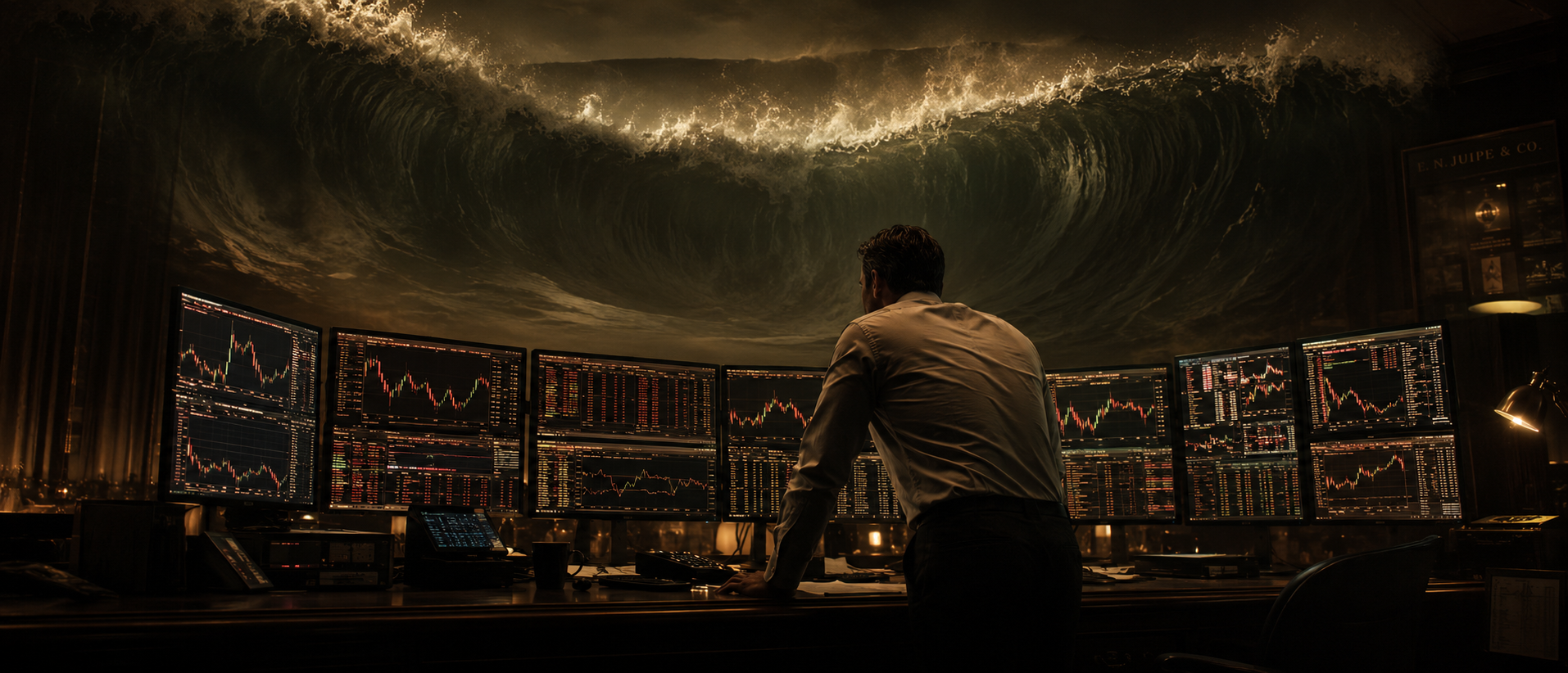 A portfolio manager at a wall of screens, watching the market move