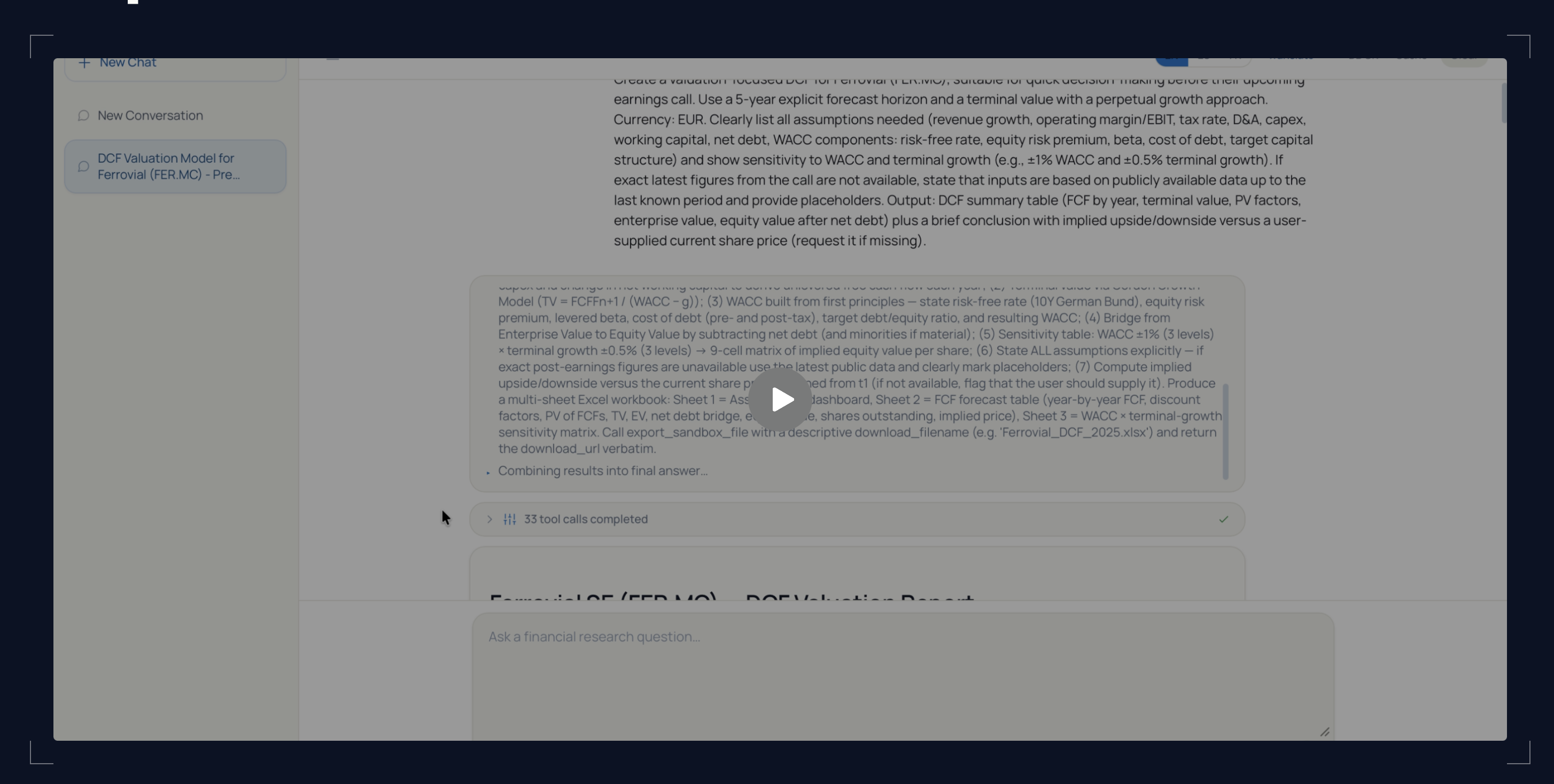 Numen working through a diligence model, showing its python, assumptions and linked sources