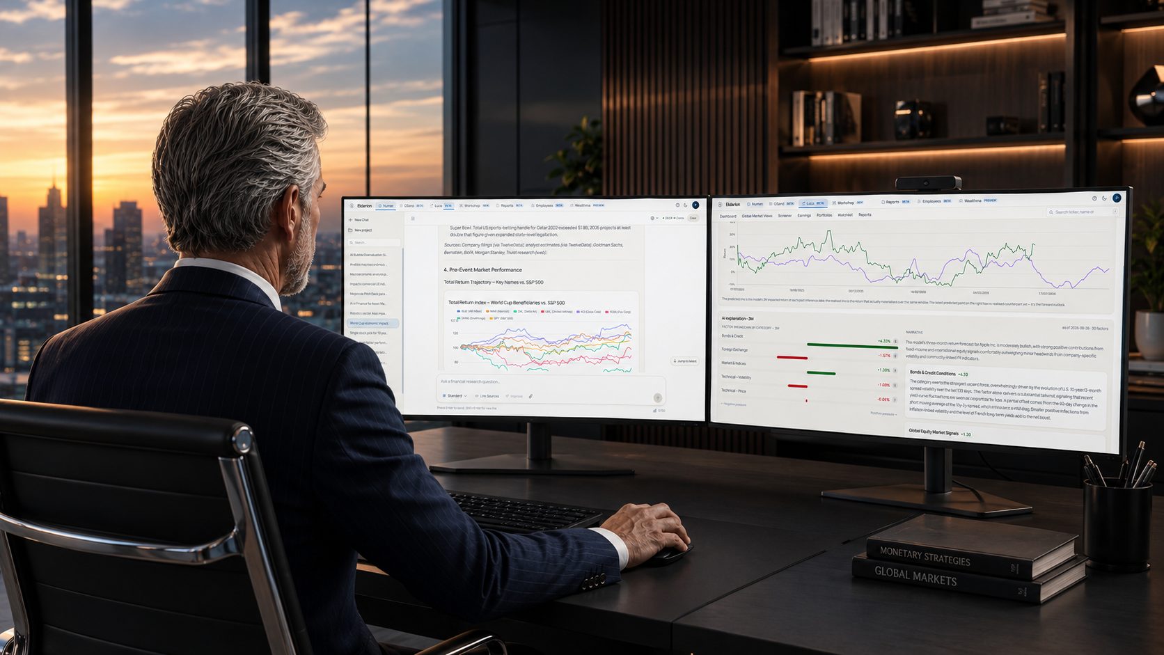 An investment professional at a workstation running Eldarion